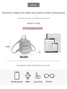 Size chart showing 21cm height mini silver backpack with storage capacity details