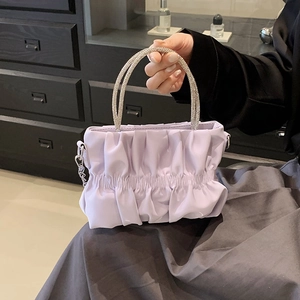 Elegant Women Rhinestone Handle Pleated Cloud Bag PU Leather Ruched Handbag With Chain Strap Party Evening Crossbody Bag