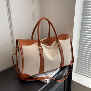 Large Capacity Canvas Tote Bag Women Minimalist Travel Handbag Contrast Color Shoulder Bag With Top Handle Zipper Closure Commute Weekender Gym Bag