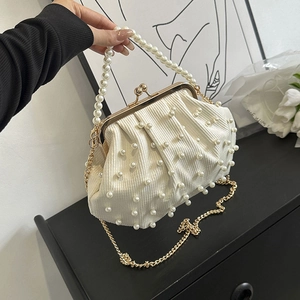 Sac à Main Élégant en Nylon Plissé avec Künstliche Perles d'imitation pour Femme Fermoir à Baiser pour Mariage et Fête