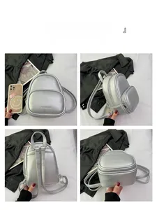Detailed views of a mini silver PU leather backpack showing texture and multiple angles