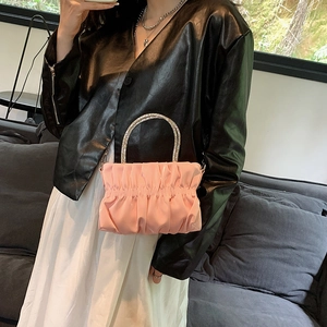 Pink ruched cloud bag with sparkling rhinestone handle and chain for party fashion