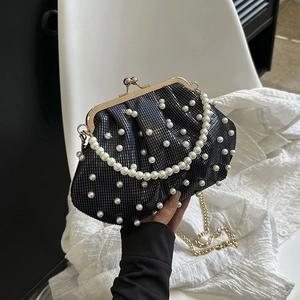 Sac de soirée vintage à paillettes noires, perles blanches, poignée perle et chaîne dorée