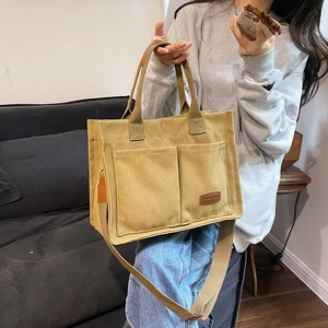 Women Large Capacity Canvas Tote Bag With Multiple Pockets Leather Patch Urban Minimalist Shoulder Crossbody Bag For Work School