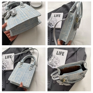 Detailed views of light blue woven handbag showing interior pockets and leather charms