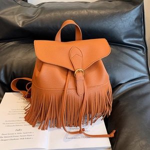 Sac à Dos à Franges Bohème pour Femmes en Cuir PU Texture Litchi Sac de Voyage Grande Capacité avec Fermeture à Rabat