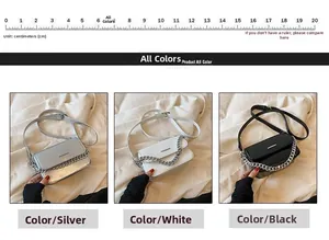 Close-up of rectangular crossbody bags with chunky silver chains in silver, white and black
