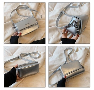 Detailed four-angle view of a silver metallic crossbody bag with chunky chain decor