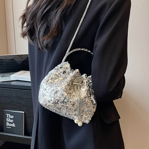 Silver sequin bucket bag for women with metal handle, pearl drawstring and chain strap
