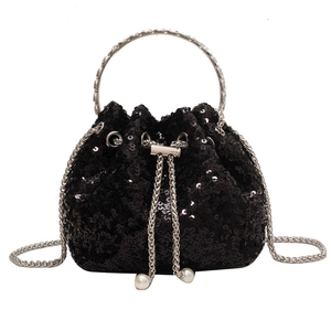 Elegant black sequin drawstring bucket bag with silver metal handle and pearl accents