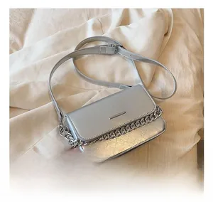 Detail shot of silver metallic leather handbag with thick chain and flap closure