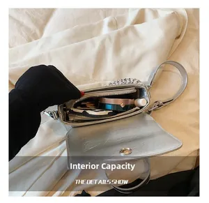 Internal capacity of silver crossbody bag showing smartphone and cosmetics storage
