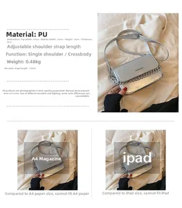 Detailed dimensions and size comparison of the silver metallic chain crossbody bag