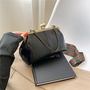 Vintage black shell bag with bronze clasp, matte PU leather, chain and bohemian strap