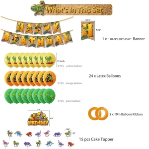 Dinosaur birthday party decoration set with Happy Birthday banner balloons and cake toppers