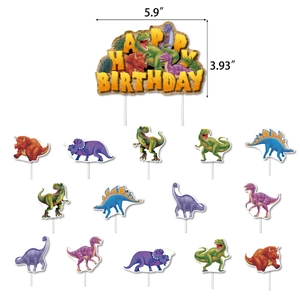 Dinosaur birthday cake topper set featuring T-Rex and Happy Birthday banner signs