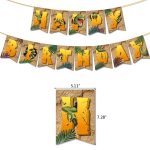 Close-up of dinosaur Happy Birthday banner with dimensions 5.11 x 7.28 inches