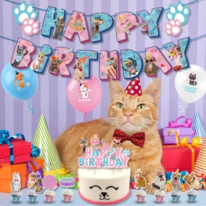 Cat themed birthday party kit with kitty banners, colorful balloons and cake toppers