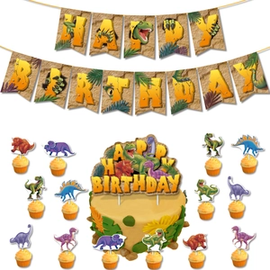 Dinosaur birthday party decoration set with Happy Birthday banner and cake toppers