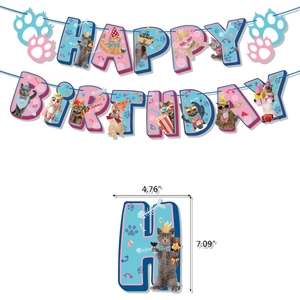 Detailed view of cat-themed Happy Birthday banner with dimensions 4.76 x 7.09 inches