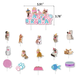 Detailed cat-themed cake topper set with various cat breeds and birthday accessories