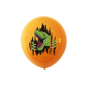 Close-up of orange latex party balloon with vivid green T-Rex dinosaur print detail