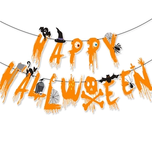 Banderole Happy Halloween avec police effet sang et icônes classiques de fête d'Halloween