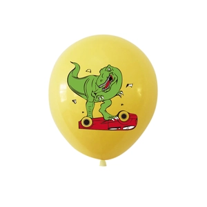 Close-up of yellow dinosaur balloon with cartoon T-rex and car print for birthday party