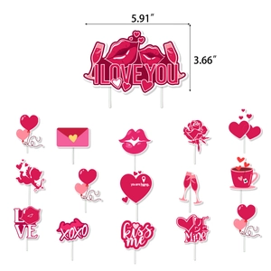 Detailed view of 15-piece Valentine's Day cake toppers with size dimensions and romantic motifs