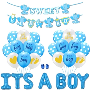 Kit de fête It's a Boy bleu avec bannière éléphant baby shower et ballons