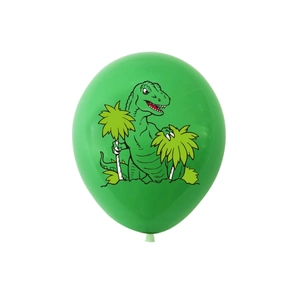 Close-up of green dinosaur party balloon with cartoon T-Rex and palm tree prints