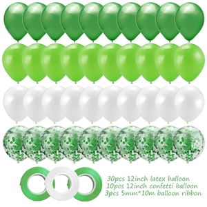 Set of 40 green and white latex balloons with confetti and ribbons for forest themes