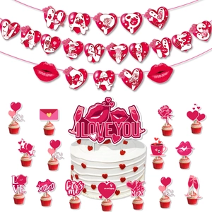 Detailed Valentine's Day party set with heart banners and glitter cake toppers