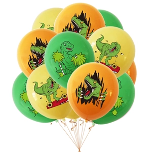 Dinosaur birthday party balloons with cartoon T-Rex prints in green, orange and yellow