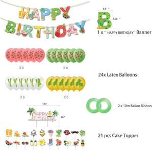 Tropical Hawaiian fruit party decoration set with banner, balloons, and cake toppers