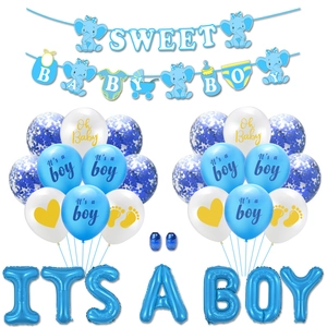 Kit décoration baby shower garçon avec bannière Sweet Baby Boy et ballons bleus