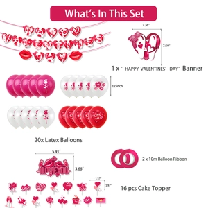 Happy Valentine's Day party decor set with heart banners, balloons and cake toppers