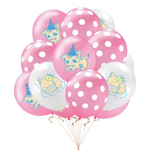 Close-up of pink and white latex balloons with cute cartoon kitten party patterns