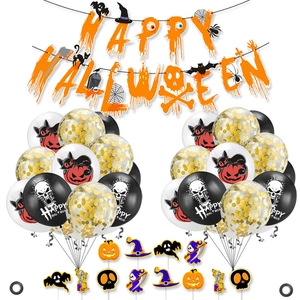 Détails du kit de fête d'Halloween avec bannières, ballons et pics à gâteaux