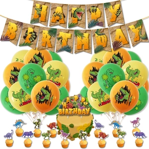 Cartoon Dinosaur Birthday Party Decorations For Boys Kids Latex Balloons Paper Banner Cake Topper Jungle Forest Theme Supplies