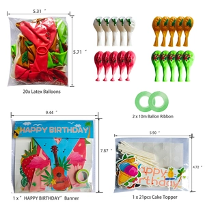 Tropical summer party kit detail with balloons, birthday banner and cake toppers dimensions