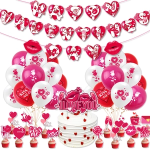 Valentine Day Party Decoration Set Latex Balloons Heart Banner Cake Toppers Romantic Festive Supplies Lip Rose Design
