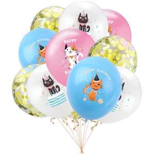 Detailed set of colorful cat balloons with glitter confetti for cat birthday party