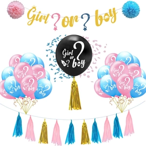 Kit de fête de révélation du genre avec ballons, bannières dorées et glands en papier coloré