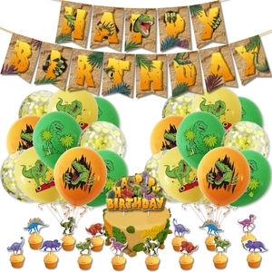 Dinosaur birthday party kit with Happy Birthday banner balloons and cake toppers