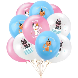 Detailed view of pink blue and white latex cat balloons with Happy Birthday prints