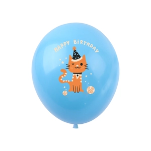Detail of light blue party balloon with cartoon cat and Happy Birthday text print