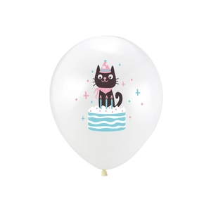 Close-up of white latex balloon with cartoon cat and birthday cake illustration