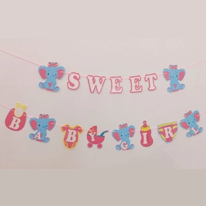 Détail de la bannière Sweet Baby Girl avec éléphant et icônes de fête de bébé