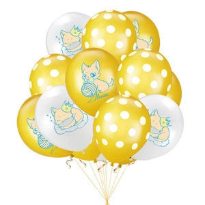 Cartoon kitten party latex balloons in yellow and white with cute cat meow patterns